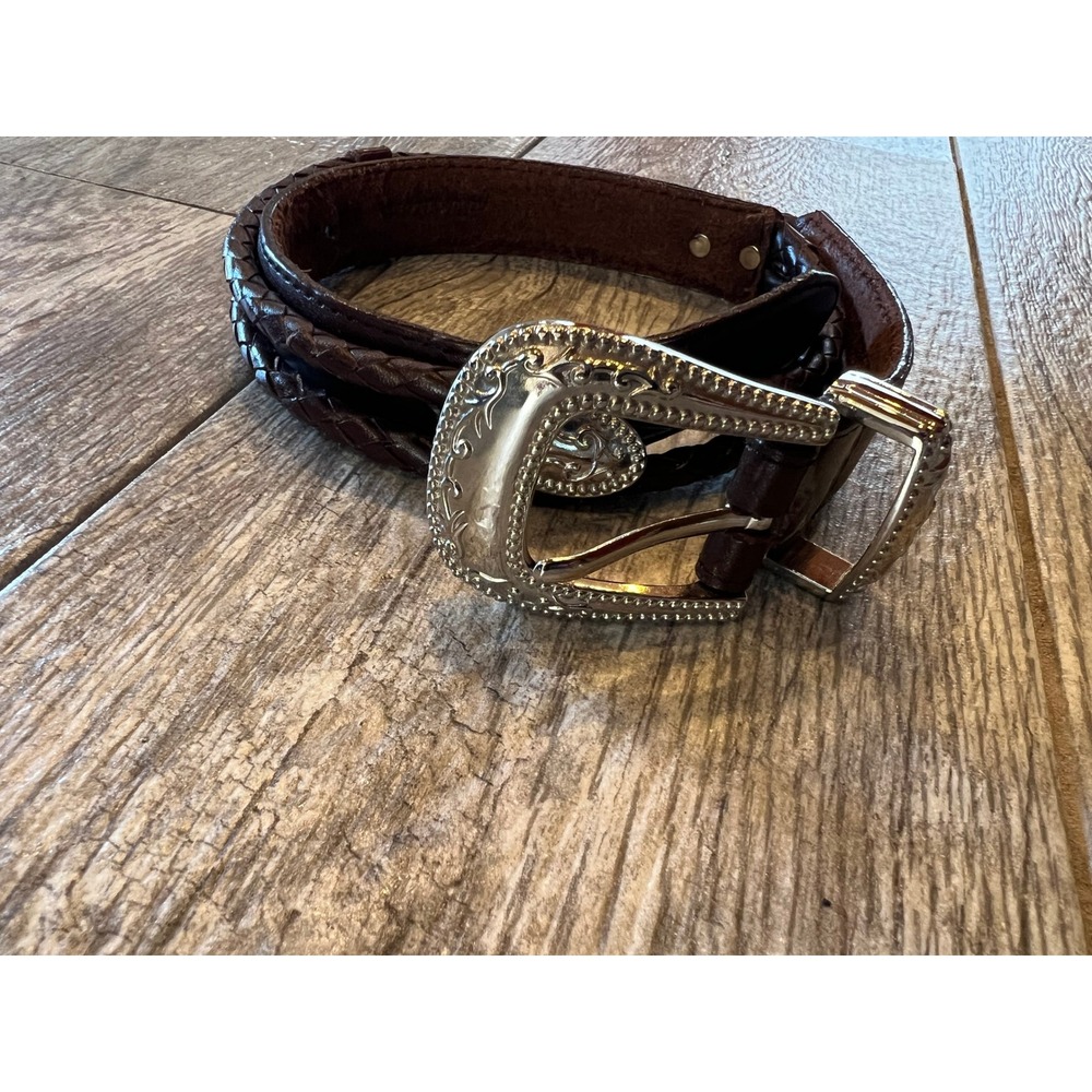 Brighton Braided Leather Belt Medium Brown Silver Concho Western Skinny Cowgirl